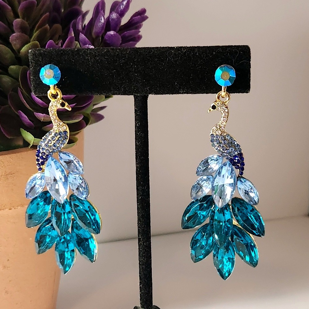 Gold Tone Blue Teal Crystal Peacock Dangle Drop Statement Earrings Post‎ Back